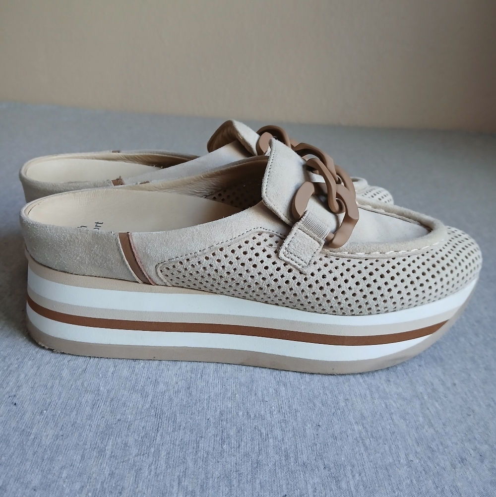 Beige Perforated Platform Mule with Chain Accent